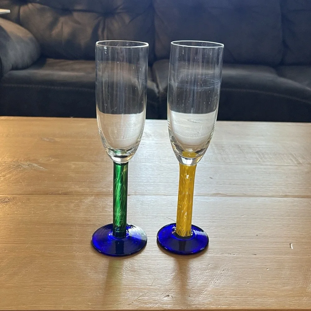 Set of 2 Dansk Colorful Art Glass Champagne Flutes Cobalt Blue Stemware Goblets